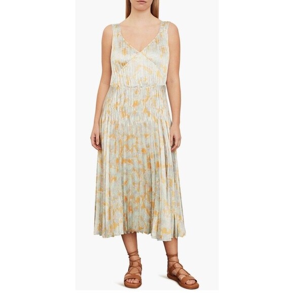 Vince Lotus Pleated Floral Print V-Neck Sleeveless Slip Midi Dress Size Large - Picture 1 of 9